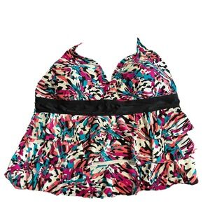 Catalina Tankini Swim Suit Top Blk/Pink Abstract Size 2X (18W-20W) Padded Ruffle